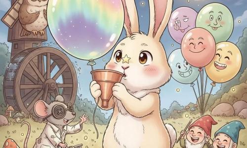 El personaje principal es un gran conejo antropomorfo de largas orejas flexibles, pelaje crema, mejillas rosadas, ojos redondos brillantes y sonrisa tierna; sostiene un pequeño embudo de cobre y una vieja bombilla casera, soplando un gran globo luminoso de colores aurora con expresión concentrada y alegre. Ratafilo, un pequeño ratón inventor con gafas de dos grandes botones negros y bata manchada de aceite, está a la izquierda, inclinado sobre una pequeña máquina que emite mini-luciérnagas, orgulloso y curioso. A la derecha, dos diminutos gnomos de jardín con gorros puntiagudos de colores pintan con pinceles rostros distintos en varios globos, risueños y traviesos. Un gran búho con gafas redondas está posado en una gran noria de madera al fondo, apoyando una garra en el pecho como aplaudiendo, serio pero bondadoso. Una pequeña estrella brillante reposa en la punta de la nariz del conejo, centelleante y serena. El lugar es un claro del “Bosque Suspiro”: hierba suave, setas coloridas que parecen cantar, piedras redondeadas como cojines y luciérnagas formando guirnaldas luminosas en el aire nocturno. La escena principal muestra al conejo soplando un globo auroral cálido y luminoso en el centro de un círculo de cien globos flotantes, con la luna al fondo acariciada por destellos de luz; ambiente dulce, humorístico y mágico en tonos pastel cálidos y contrastes luminosos nítidos.