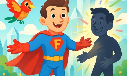 Frederick, ein Mann mit einem warmen Lächeln und funkelnden Augen, trägt ein leuchtend blaues Superheldenkostüm mit einem wehenden roten Umhang. Er steht stolz in der Mitte der Bühne, die Arme geöffnet, bereit zu helfen, mit einem entschlossenen und fröhlichen Ausdruck auf seinem Gesicht. An seiner Seite fliegt Finn, ein kleiner bunter Vogel mit leuchtend roten, gelben und grünen Federn, fröhlich um ihn herum und verleiht dem Bild einen Hauch von Magie. Der Hintergrund zeigt die Stadt Evoria, wo die gläsernen Häuser unter der Sonne funkeln und Regenbögen in den blauen Himmel projizieren. Die gepflasterten Straßen sind gesäumt von bunten Blumen, die im leichten Wind tanzen und eine fröhliche und lebendige Atmosphäre schaffen. Die Hauptsituation zeigt Frederick und Finn vereint, um der Stadt wieder Farben zu verleihen. Frederick streckt die Hand nach einem großen geheimnisvollen Schatten aus, der beginnt, sich in einen lächelnden Mann zu verwandeln, während farbenfrohe Blitze um sie herum aufleuchten und die Szene mit strahlendem und fröhlichem Licht erhellen.