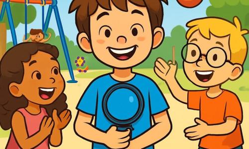 Een 10-jarig jongetje, Sam, met rommelig bruin haar en nieuwsgierige ogen, glimlacht vrolijk terwijl hij zijn looprek vasthoudt. Hij draagt een felblauw T-shirt en een gele short, en staat in het midden van de speeltuin, omringd door zijn nieuwe vrienden. Aan zijn rechterkant lacht Tom, een 10-jarig jongetje met blond haar en ronde brillen, terwijl hij Sam aanmoedigt om mee te doen aan een spel met een bal. Aan zijn linkerkant staat Lisa, een 9-jarig meisje met lang, krullend haar, die een roze jurk draagt en enthousiast applaudisseert ter ondersteuning van Sam. De scène speelt zich af in een zonnige speeltuin, met groene bomen op de achtergrond, kleurrijke schommels en kinderen die vrolijk om hen heen spelen, wat een sfeer van kameraadschap en blijdschap creëert. Sam, met een grote glimlach, bereidt zich voor om met zijn vrienden mee te doen aan een leuk spel, wat het belang van inclusie en vriendschap illustreert.