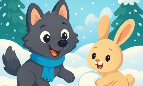 Un pequeño lobo de ojos brillantes y pelaje suave, con una bufanda azul, juega alegremente en la nieve, hundiendo sus patas en el blanco esponjoso. Tiene una gran sonrisa en su rostro, mostrando su emoción y curiosidad. Cerca de él, una pequeña coneja de grandes orejas y pelaje crema, con un aire juguetón, está haciendo una bola de nieve. Ella está llena de vida y parece encantada de jugar con su amigo el lobo, justo al lado de él. El escenario es un paisaje invernal encantador, con árboles cubiertos de nieve brillante, copos cayendo suavemente del cielo azul claro, y un suelo inmaculado que brilla bajo los rayos del sol poniente. La situación principal muestra al pequeño lobo y la coneja divirtiéndose juntos, riendo y jugando con la nieve, creando recuerdos felices en un mundo mágico e invernal.