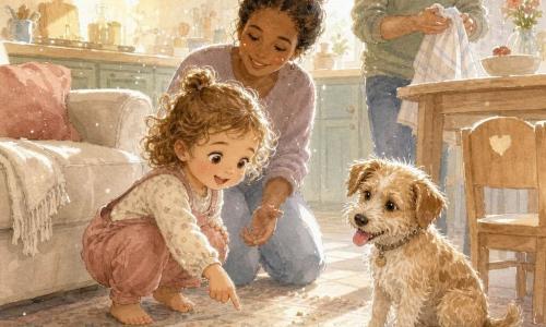 Een vrolijk nieuwsgierig meisje van 2 jaar met lichtbruine krulletjes en hazelnootkleurige ogen zit gehurkt bij een bank en wijst naar een klein rond koekje op de vloer; een kleine speelse bastaardhond met beige en witte vlekken zit naast de bank met zijn roze tong uit en kijkt hoopvol; de moeder (ca. 30) knielt achter het meisje met een uitgestrekte hand, licht onscherp op de achtergrond; de vader (ca. 32) staat bij de keukentafel en lacht terwijl hij kruimels met een keukendoek wegveegt; zonnige gezinskeuken met lichte houten tafel, kinderstoel en een paar kruimels die van een lege schaal naar het koekje leiden, warme tedere sfeer in zachte pastel- en aquareltinten bij ochtendlicht.