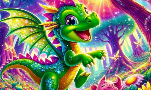 Un piccolo drago verde di nome Puffo, con grandi ali scintillanti e occhi brillanti di gioia, danza felicemente in mezzo a una foresta magica. Ha un sorriso radioso e scaglie lucenti che riflettono la luce del sole. Accanto a lui, un maialino rosa di nome Gigio, con grandi occhi rotondi e un sorriso malizioso, salta a ritmo, con le sue piccole orecchie che fluttuano nell'aria. La foresta è piena di alberi giganti dalle foglie multicolori che sembrano muoversi al ritmo della musica, e fiori brillanti che cantano dolcemente. Al centro di questa scena incantevole, Puffo e Gigio si divertono a ballare insieme, circondati da luci scintillanti e fate volanti che li incoraggiano con risate gioiose.