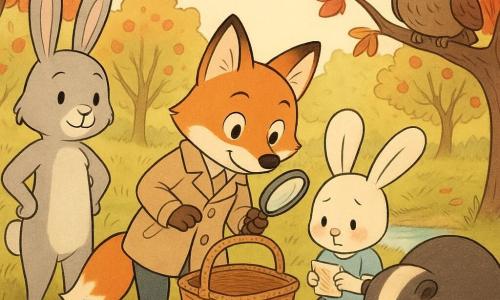 Zefiro, un piccolo volpe detective, è al centro sorridente e attento con una lente in zampa e un leggero soprabito beige, chinato verso un cestino di vimini su una scatola di cartone; Berto, un timido coniglietto dalle orecchie bianche, arrossisce e abbassa lo sguardo tenendo un biglietto stropicciato seduto a destra del cestino; Lilla, una grande coniglia amichevole dal pelo grigio, sta a sinistra con le mani sui fianchi e un volto rassicurante; Brio, un tasso robusto, annusa il terreno vicino a una traccia di briciole con espressione concentrata; Mela, una piccola civetta rotonda, è posata su un ramo basso con ali ripiegate e sguardo malizioso; luogo: frutteto di meli con erba alta, foglie rosse e gialle e un ruscello scintillante sullo sfondo in una luce dolce di tardo pomeriggio; situazione: ritrovamento del cestino scomparso vicino al ruscello, momento di confessione e perdono in un'atmosfera calda e collaborativa, colori caldi, linee morbide e dettagli infantili.