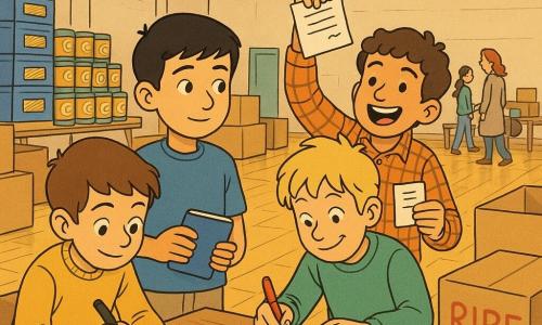 Quattro bambini di 9 anni: Amir, pelle oliva, capelli neri corti, occhi castani, maglietta blu e pantaloni beige, tiene un piccolo taccuino blu nella mano sinistra e guarda a destra, al centro-sinistra; Luca, pelle chiara, capelli biondi arruffati, sorriso malizioso, felpa verde, seduto a destra di Amir, scrive una grande parola su un cartone con un pennarello rosso; Samir, pelle olivastra, capelli castani ricci, camicia a quadri arancione, ride mostrando una rima su un foglio, leggermente dietro Amir tra Amir e Luca; Nico, pelle chiara, capelli castano, occhi vivaci, maglione giallo, seduto a sinistra di Amir e chino verso il taccuino, disegna una faccina sorridente con baffi su un biglietto. Luogo: una grande palestra trasformata in centro di distribuzione alimentare con parquet parzialmente coperto da scatole e tavoli, pile di pasta e conserve sullo sfondo, banderole colorate al soffitto e luce calda sospesa. Situazione: i quattro riempiono sacchetti alimentari e infilano piccoli biglietti con messaggi gentili; si vedono mani che mettono un biglietto in una busta di carta, sorrisi tranquilli, taccuino blu aperto, pennarelli colorati, scaffali impilati e sullo sfondo, sfocate, una bambina con la madre che aspettano vicino a un tavolo; scena calma, colori caldi, espressioni leggibili, atmosfera solidale e dolce.