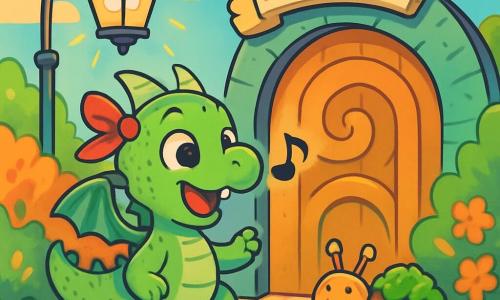 A small green-freckled dragon named Lilt stands in front of a spiral door, looking curious and determined. His large eyes shine with excitement, and he wears a red ribbon tied around one of his horns. Next to him, a snail named Zip, with a patch of green moss on his back, smiles encouragingly, his antennas raised and ready to help. A lamppost named Lampkin, with a shimmering golden light, shines above them, emitting a warm and friendly glow. The setting is a sunny path lined with colorful hedges that whisper secrets, with candy-shaped cobblestones and dancing flowers that seem to applaud. The main scene shows Lilt, determined to cross the door of rules, singing a joyful note while hopping on one leg, as the sign above the door changes messages, creating a playful and absurd atmosphere.