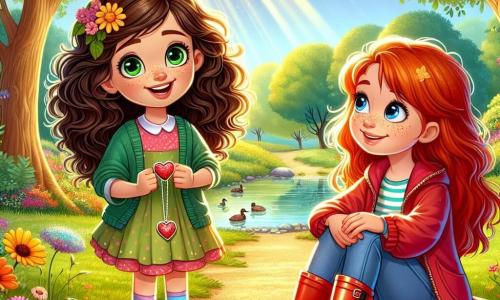 A 9-year-old girl, Lily, with curly brown hair cascading around her face, is sitting on a bench in a park, a radiant smile lighting up her face. Her large green eyes sparkle with joy and excitement as she holds a small heart-shaped pendant in her hands, symbolizing her courage. Next to her is Mia, another 9-year-old girl with bright red hair and freckles on her nose. She is wearing red rain boots and a colorful raincoat, smiling at Lily, ready to encourage her in their adventure. The park is lush and bright, with majestic trees, vibrant flowers dancing in the breeze, and rays of sunlight breaking through the clouds. A gravel path winds through the park, leading to a small pond where ducks swim peacefully. The main scene shows Lily and Mia sharing a moment of camaraderie and joy, celebrating their friendship and bravery, surrounded by the beauty of nature as they prepare to embark on their adventure.