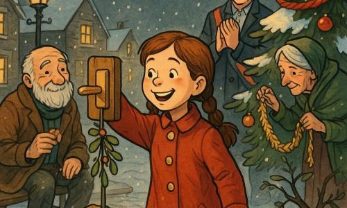 Een glimlachende 8-jarige Lise met kastanjebruine vlechten en een rood mantel met gouden knopen drukt op een grote houten schakelaar met maretak om het verlichte kerstboom aan te steken; opa Bram (±75) met gerimpeld gezicht en grijze baard zit links op een bankje met een koekje en kijkt trots, buurvrouw Anna (±78) met groen schouderdoek hangt rechts een gouden slinger, de burgemeester (±50) staat achter Lise en applaudisseert; op het dorpsplein een met sneeuw bedekte grote kerstboom met rode slingers en gouden ballen, smeedijzeren lantaarns werpen zacht geel licht op natte klinkers en verlichte huizenramen — een stille sneeuwnacht waarin duizenden lichtjes aangaan, sneeuwvlokken vallen en de menigte een warme, gedeelde feeststemming voelt.