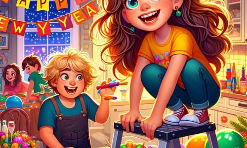 A 12-year-old girl, Lucy, with messy long brown hair and sparkling joyful eyes, is perched on a ladder, holding a large colorful sign "HAPPY NEW YEAR!" that she is about to hang up. She wears a bright t-shirt and jeans, and her smile radiates excitement. Next to her, her 8-year-old little brother Max, with tousled blonde hair and an enthusiastic face, is surrounded by vibrant balloons, trying to hold them carefully without popping them. The scene takes place in a warm and lively kitchen, decorated with twinkling garlands and colorful lights, with festive dishes on the table and friends laughing in the background. The main situation shows Lucy preparing for the New Year's party, full of determination and energy, while Max, a bit clumsy, tries to manage the balloons, creating a joyful and festive atmosphere.