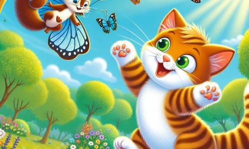 Um gato curioso chamado Miau, com pelagem macia e listrada de cores laranja e branca, está pulando alegremente em um jardim ensolarado, seus grandes olhos verdes brilhando de excitação. Perto dele, um esquilo travesso, com pelagem marrom e uma pequena cauda peluda, sobe em um galho de árvore, observando Miau com um sorriso travesso. No céu, uma linda borboleta azul, com asas delicadas e cintilantes, voa ao redor dos dois amigos, acrescentando um toque de magia à cena. O jardim está cheio de flores coloridas, borboletas e árvores verdes, criando uma atmosfera alegre e acolhedora. Miau, em plena corrida, tenta pegar a borboleta que dança ao seu redor, enquanto o esquilo o incentiva com entusiasmo, transformando este momento em uma aventura cheia de risadas e amizade.