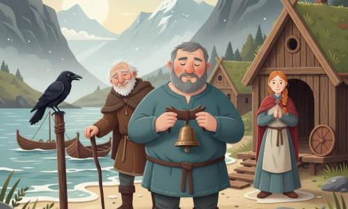 Eirik, homem adulto de rosto redondo e barba curta grisalha, de ombros largos e expressão pensativa, segura com as duas mãos um pequeno guizo de bronze preso a um pedaço de madeira escura, em pé na areia molhada de uma praia de fiorde nórdico pela manhã; atrás dele, à esquerda, Skarde, idoso de ~70 anos com pele enrugada, cabelos brancos e desgrenhados, veste um casaco de lã marrom, sorri maliciosamente apoiado num bastão; à direita, na entrada de um grande salão de madeira, Astrid, mulher adulta e chefe de ~40 anos com cabelos ruivos trançados, veste vestido de linho e xale, observa com as mãos juntas; um corvo negro pousa num poste próximo inclinando a cabeça para o guizo; ao fundo, casas de turfa com telhados verdes, barcos de madeira na praia, seixos brilhantes, ondas calmas e montanhas rochosas envoltas em leve neblina; cena silenciosa e misteriosa centrada no gesto das mãos e no objeto brilhante, paleta fria com toques de bronze e vermelho quente, estilo papel recortado com formas simples, contornos nítidos, texturas de papel visíveis e sombras suaves.