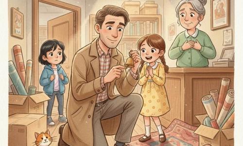 Um homem, o detetive Tomás, ajoelhado, rosto sereno e olhos atentos, casaco castanho-claro e camisa às quadrados, segura um pequeno guizo dourado com um sorriso calmo; atrás dele, Inês, menina de 8 anos com rabo de cavalo castanho e vestido amarelo de bolinhas, curvada e com as mãos juntas, entusiasmada; um pouco mais afastada, Mila, cerca de 7 anos, tímida, cabelo preto e casaco azul, observa aliviada; dona Alzira, bibliotecária de ~50 anos, cabelo grisalho em coque e bata verde, mão no peito emocionada junto ao balcão; um gato laranja pequeno junto a um tapete enrolado com farelo junto às patas; cenário: pequena reserva de biblioteca desordenada com caixas e rolos de cartazes, luz morna por uma claraboia e poeira no ar; situação: descoberta feliz do guizo, atmosfera terna e curiosa, cores pastel e textura aquarela.