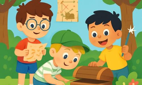 Há 3 personagens: Léo: um garoto de 7 anos, com cabelos castanhos bagunçados e óculos redondos. Ele usa uma camiseta vermelha e um short azul, segurando um mapa do tesouro com curiosidade. Tomás: um garoto de 6 anos, com cabelos loiros e olhos brilhantes. Ele usa um boné verde e uma camiseta listrada, agachado, examinando o chão em busca de pistas. João: um garoto de 7 anos, com cabelos negros e um grande sorriso. Ele segura uma bela bengala azul e usa uma camiseta amarela, de pé, pronto para guiar os amigos com determinação. O cenário é um parque verdejante, cheio de árvores majestosas e flores coloridas. No centro, um velho mapa está preso a uma árvore, cercado por arbustos floridos. A situação principal mostra os três amigos descobrindo uma misteriosa caixa de madeira escondida sob um arbusto, todos animados e com olhos brilhantes, tentando abrir a caixa cheia de promessas de aventuras e doces tesouros.