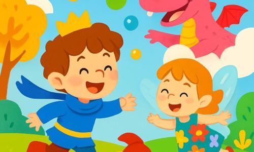 A young prince, Pip, stands on a vibrant green lawn with a joyful smile on his face. He wears shiny red boots and a flowing blue scarf, his curly brown hair dancing in the wind. Next to him, a small fairy with sparkling wings and a multicolored flower dress flies and laughs, her eyes twinkling with mischief. A pink dragon, grinning with shiny scales, emerges from a fluffy cloud, blowing colorful bubbles that float around them. The setting is an enchanted kingdom with golden-leaved trees, giant brightly colored flowers, and a clear blue sky dotted with fluffy clouds. In the distance, a sparkling castle stands, its golden towers shining in the sun. The main scene shows Pip and the fairy chasing a royal hat that joyfully bounces on the grass, while the dragon pops bubbles around them, creating a festive and cheerful atmosphere.