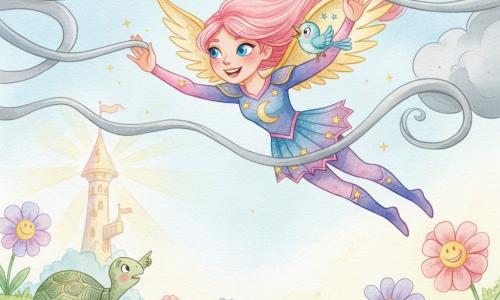 A cheerful, determined superheroine named Starshine, smiling with bright eyes, long pink hair and golden sparkling wings, flies in a colorful costume, gently untangling looping gray clouds; a tiny lively blue bird named Chirp flutters by her right shoulder singing, and an old turtle named Tinker with a green geometric shell watches from a flowery hill, pointing skyward. The scene is a bright meadow dotted with large multicolored flowers and a shining tower in the background as the sun breaks through in golden rays, flowers perking up and colors returning. Soft watercolor style, delicate outlines, vivid pastel palette, visible paper texture, warm comforting mood.