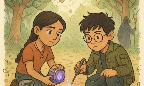There are two main characters: Mira, a 12-year-old olive-skinned girl with tightly braided brown hair and a silver half-gear pendant with a moonstone, kneeling front left holding a small shining stabilizer that emits a soft purple glow and placing her hand near a ring of scorched earth; and Jalen, a 12-year-old Asian boy with round glasses, tousled black hair and a pocketed tool jacket, crouched front right soldering a silver wire to the device with a tiny soldering gun sparking blue. They are in a Circuited Grove clearing—trees with wood-copper trunks, shield-shaped green leaves with glass sensors, thin cables around roots and floating hexagonal rune nodes—stabilizing a pulsating red air rift as the stabilizer links to a spiral circuit column and floating nodes; a frightened dog-sized mechanical creature with articulated legs and a facial display reading HELP watches beside them, and a hooded figure with a red crystal staff slips away into the trees.