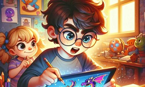 A 12-year-old boy with messy brown hair and round glasses is sitting at his desk. His face shows intense concentration, and his eyes shine with excitement as he draws a pixelated dragon on his tablet. Next to him, his 8-year-old sister with blonde pigtails and a mischievous smile watches in wonder, holding a pencil and a piece of paper, ready to draw her own dragon. The room is filled with colorful video game posters, adventure books, and scattered toys, with soft light filtering through the window. The main scene shows the boy in the midst of creation, surrounded by a warm and imaginative atmosphere where the magic of digital art comes to life.