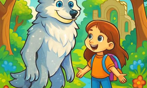 A majestic werewolf with shimmering silver fur stands at the center of the scene. His deep blue eyes convey benevolent wisdom as he smiles gently, showcasing his friendly nature. Beside him is a 10-year-old girl with long brown hair and sparkling curious eyes, carrying a colorful backpack. She gazes at the werewolf in wonder, her arms slightly outstretched as if ready to explore the magical world around them. Their environment is an enchanted clearing surrounded by ancient trees with gnarled trunks and shiny leaves, illuminated by sunlight filtering through the foliage. Colorful flowers blanket the ground, and a crystal-clear stream winds through the scene, adding a touch of magic. The main situation shows the werewolf and the girl discovering the heart of the forest, a place where magic and adventure meet, as they prepare to explore the hidden wonders of the majestic ancient ruins in the background.