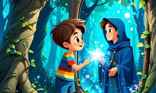 A 10-year-old boy, Leo, with messy brown hair and sparkling curious eyes, stands at the center of the scene, a look of wonder on his face. He wears a colorful striped shirt and denim shorts, gazing in fascination at a magical mirror that reflects his dreams. Beside him, Zephyr, the Sage of the Forest, appears as a majestic figure, draped in robes made of green leaves and branches, with a beard of moss. He smiles kindly, arms open, as if guiding Leo in his discovery. The setting is the Valley of Reflection, an enchanting place where sparkling mirrors of all shapes and sizes are scattered across a ground covered with colorful flowers. Gnarled trees rise majestically around them, their leaves gently dancing in the breeze. The main scene shows Leo, amazed, contemplating his reflection in a large mirror, while Zephyr encourages him to explore the hidden truths within himself. Sunlight filters through the branches, creating a magical and welcoming atmosphere.