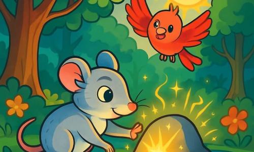 A small mouse named Thistle, with shiny silver fur and sparkling curious eyes, stands at the edge of an enchanted pond. She has a determined expression, her little front paws reaching toward a mysterious glowing rock. Beside her, a bright red bird named Pip, with vibrant feathers and a joyful smile, hovers slightly above her, ready to encourage her. The landscape is a magical forest, with majestic trees featuring bright green leaves, colorful flowers dancing in the wind, and a sky where the sun and moon meet, creating a golden light. The main scene shows Thistle touching the glowing rock, as waves of sparkling light emanate from it, while shadows dance around them, revealing the magic that is reborn in the forest.