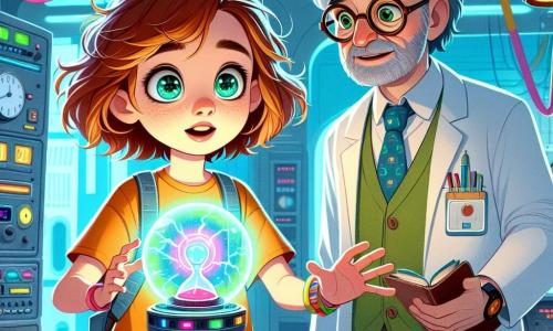 An 11-year-old girl, Lila, with tousled auburn hair and sparkling green eyes full of curiosity, stands at the center of the image, both amazed and a bit anxious, in front of a small orb glowing with bright blue light. She wears a colorful t-shirt and shorts, with her hands outstretched towards the orb, ready to activate it for time travel. Beside her is her father, Dr. Felix Hargrove, a middle-aged man with round glasses and graying hair, observing her with a mix of pride and concern. He is dressed in a lab coat and holds a notebook, ready to take notes on the experiment. The laboratory is filled with futuristic gadgets, strange-shaped machines, bright screens, and shelves loaded with books and inventions. Colorful wires hang from the ceiling, and a large window lets in daylight, warmly illuminating the space. The main scene shows Lila, excited and determined, ready to activate the time travel device, while her father encourages her, aware of both the dangers and wonders that await.