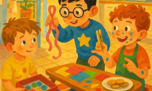 Ci sono tre bambini di 6 anni: Tommaso a sinistra, capelli castano chiaro spettinati, maglietta gialla con macchia di marmellata, seduto a terra con una scatola di scarpe aperta sulle ginocchia; al centro Leo, capelli neri corti, occhiali tondi, maglione blu con una stellina, si china sorridendo e sussurrando mostrando un nastro rosa; a destra Samu, capelli rossi ricci, dito sporco di vernice e piccolo grembiule verde, tiene una molletta di legno proponendo un'idea. Ambientazione cucina-soggiorno illuminata dalla luce mattutina dorata, tavolino chiaro con fogli colorati e biscotti su un piatto bianco, finestra aperta su un balcone con una pianta. Situazione: i tre preparano in punta di piedi una sorpresa per la festa della mamma decorando la scatola con bottoni, nastri e disegni, ridendo e bisbigliando in un'atmosfera tenera e piena di speranza.