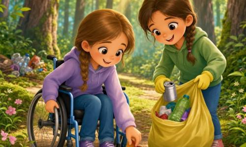 Ci sono due bambine: Sofia, 8 anni, capelli castano chiaro a ciocche, occhi rotondi e sorridenti, seduta su una sedia a rotelle azzurro chiaro al centro-sinistra mentre spinge la ruota con una mano e con l'altra raccoglie una foglia colorata; Chiara, 7 anni, capelli castani a treccia, viso gioioso con lentiggini, in piedi a destra di Sofia, tiene un sacco della spazzatura giallo semiaperto e raccoglie una lattina argentata; sono vicine e complici. Ambientazione: un sentiero di bosco luminoso con tappeto di foglie verdi e muschio, tronchi d'albero marroni, raggi di sole che filtrano tra i rami, qualche fiore selvatico ai bordi e un piccolo cumulo di rifiuti colorati sullo sfondo sinistro. Situazione: le due amiche puliscono il bosco con gesti dolci e decisi, il sacco si riempie di rifiuti, aria calda e orgogliosa, atmosfera pulita e ottimista che mostra un gesto ecologico semplice e gioioso.