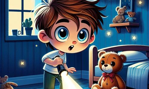 Un niño de 7 años, Lucas, está en el centro de la imagen, con el cabello castaño despeinado y grandes ojos azules, mostrando curiosidad y determinación. Sostiene una pequeña linterna que ilumina suavemente su habitación, revelando una sonrisa valiente en su rostro. A su lado está su oso de peluche, Teddy, con pelaje marrón y un pequeño lazo rojo en el cuello, sentado en la cama, como si estuviera listo para una aventura. La habitación está decorada con paredes pintadas de azul noche, adornadas con estrellas doradas brillantes, con una cama de madera y juguetes esparcidos por el suelo. Una ventana deja entrever la luz de la luna, añadiendo un ambiente mágico a la escena. Lucas explora la habitación en la oscuridad, usando su linterna para iluminar los rincones oscuros, mientras imagina historias divertidas para superar su miedo a la oscuridad.