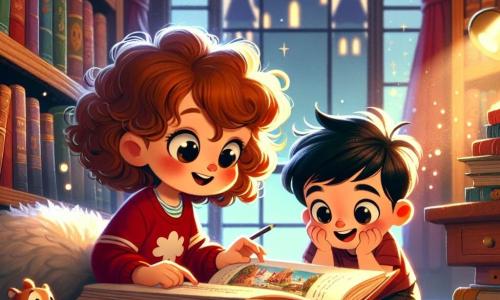Uma menina de 4 anos, Clara, com grandes olhos brilhantes e cabelos castanhos cacheados, está sentada no chão de uma biblioteca, com um livro antigo aberto em seu colo. Ela tem um sorriso encantado e bochechas rosadas, demonstrando sua empolgação. Ao lado dela, seu amigo Pedro, também de 4 anos, tem cabelos negros e usa uma camiseta vermelha. Ele está inclinado para frente, com os olhos arregalados, apontando para uma imagem no livro, compartilhando a aventura com Clara. A cena ocorre em uma biblioteca acolhedora, com prateleiras de madeira cheias de livros coloridos. A luz suave entra por grandes janelas, iluminando as páginas do livro e criando uma atmosfera mágica. Almofadas macias estão espalhadas pelo chão, convidando à leitura e exploração. Clara e Pedro descobrem juntos um misterioso livro antigo, fascinados pelas ilustrações de castelos e mapas, prontos para seguir o caminho da aventura que os espera.