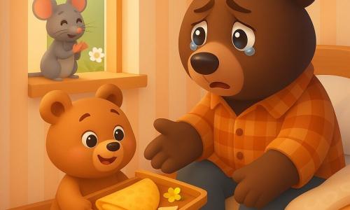 A small fluffy brown bear cub (Benny) smiling and proud, bright round eyes and rosy cheeks, holding a wooden tray with a slightly tilted golden pancake, apple slices and a small yellow flower on top, standing by a bed and looking at the adult; a large papa bear with darker brown fur, tearful joyful expression, seated on the bed edge in a plaid shirt reaching for the tray; a small gray mouse (Molly) with bright eyes and fine whiskers perched on the windowsill, smiling and softly applauding; the warm, sunlit bedroom has pastel striped wallpaper, soft cushions, a patterned wool blanket and an open window showing a sunny garden with a daisy; a few batter drops and a carrot scrap on the floor hint at the preparation — tender, joyful Father's Day scene with soft colors and a central focus on the exchange of the tray.