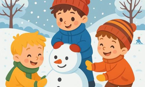 Es gibt drei Figuren: Tom, ein 6-jähriger Junge mit zerzausten braunen Haaren und roten Wangen, trägt eine große blaue Jacke und eine rote Mütze und rollt eine Schneeball in der Mitte des Bildes. Ben, ein 5-jähriger Junge mit blonden Haaren und funkelnden Augen, trägt einen grünen Schal und gelbe Handschuhe und hockt links, um einen Schneemann zu formen. Max, ein 7-jähriger Junge mit kastanienbraunen Haaren und strahlendem Lächeln, trägt eine orange Jacke und eine gestreifte Mütze und steht rechts, um den Schneeball fester zu machen. Der Ort ist ein Winterpark mit kahlen Bäumen, die mit glitzerndem Schnee bedeckt sind, und der Boden ist mit einer dicken Schicht frischem Schnee bedeckt, während sanfte Schneeflocken vom grauen Himmel fallen. Im Hintergrund sind weiße Hügel und spielende Kinder zu sehen. Die Hauptsituation zeigt die drei Jungen, die zusammen Spaß haben, einen Schneemann zu bauen, lachen und im Schnee spielen, mit Freude auf ihren Gesichtern.