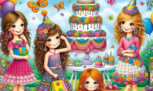 En un jardín encantado, cuatro chicas están juntas, radiantes de alegría. Sofía, una niña de 11 años con largos cabellos castaños y ojos brillantes, lleva un vestido colorido y ajusta su sombrero de fiesta. A su derecha, Clara, una niña intrépida de 10 años con trenzas rubias, sonríe mientras sostiene una bolsa llena de decoraciones. A la izquierda, Lucía, una niña soñadora de 11 años con cabello pelirrojo y gafas, dibuja flores en su cuaderno, sentada en el césped. Finalmente, Marta, una niña dulce de 10 años con cabello castaño y rizado, organiza regalos sobre una mesa decorada con guirnaldas coloridas. El jardín está lleno de flores brillantes, guirnaldas multicolores ondeando al viento y un gran pastel de cumpleaños decorado con mariposas de azúcar, todo bajo un cielo azul claro. En el centro de esta escena alegre, un pequeño dragón verde esmeralda, Zirón, aparece de repente, iluminando el jardín con su magia, listo para ofrecer una aventura inolvidable para celebrar el cumpleaños de Sofía.