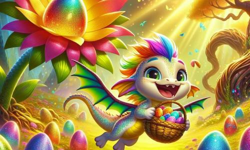 La imagen muestra a Lúmino, un pequeño dragón de escamas brillantes y coloridas, flotando alegremente en el aire con una gran sonrisa en su rostro. Sus ojos brillan de emoción mientras sostiene una bonita cesta de hojas de palma llena de huevos de Pascua coloridos. A su lado, la Flor Arcoíris, una flor gigante con pétalos multicolores, se inclina hacia Lúmino con una expresión alentadora, sus pétalos vibrando en el viento. El escenario es un jardín mágico, bañado en luz dorada, con árboles de troncos retorcidos y flores danzantes que se extienden hasta donde alcanza la vista. Los huevos de Pascua brillantes están ocultos entre los arbustos floridos, mientras que un arcoíris radiante se extiende sobre el paisaje. La escena representa a Lúmino volando hacia el cielo, listo para explorar el jardín en busca de los huevos de Pascua, mientras la Flor Arcoíris lo anima con entusiasmo, creando una atmósfera de magia y aventura.