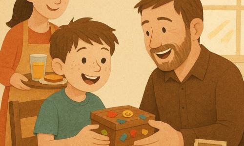 Un niño de 10 años, alegre y algo nervioso, rostro redondo con pecas, cabello castaño despeinado y ojos grandes, entrega una pequeña caja de madera decorada con pegatinas; el padre, de 35–40 años, con barba de varios días y cabello castaño corto, sentado y conmovido, se inclina hacia el niño para abrirla, mientras la madre, de 30–35 años, con el pelo largo recogido, sonriente, sostiene una bandeja con tostadas y un vaso de zumo; la cocina luminosa y cálida —mesa de madera clara, mantel a cuadros rojos, luz solar suave entrando por una ventana con cortinas blancas— acoge este tierno desayuno del Día del Padre, con una pequeña foto restaurada en la caja y una estética de collage de papel con colores cálidos, sombras sencillas y contornos ligeramente irregulares.