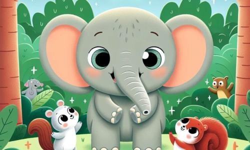 Een grote olifant genaamd Ellie, met een zachte grijze huid en grote oren, staat vrolijk in het midden van de jungle met een brede glimlach op haar gezicht. Haar ogen stralen van opwinding terwijl ze naar een fonkelende ster kijkt die net uit de lucht is gevallen. Naast haar springt een klein eekhoorntje met een rossige vacht, genaamd Twinkle, van blijdschap. Hij heeft grote sprankelende ogen en een kleine pluizige staart, en lijkt dolgelukkig te zijn. De scène speelt zich af in een weelderige jungle, vol groene bomen met glanzende bladeren, kleurrijke bloemen en nieuwsgierige dieren die hen omringen, wat een magische en blije sfeer creëert. Ellie en Twinkle vieren samen de val van de ster, omringd door hun dierenvrienden, allemaal klaar om een wens te doen en samen te spelen in vreugde en vriendschap.