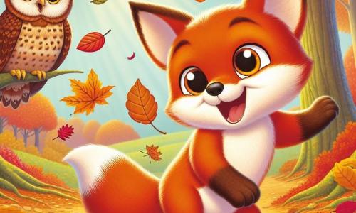 Ein kleiner roter Fuchs namens Felix mit glänzendem Fell und strahlenden Augen springt vor Freude auf einem Teppich aus bunten Herbstblättern. Er lächelt breit, seine kleinen spitzen Ohren aufgerichtet, während er ein großes orangefarbenes Blatt in seiner Pfote hält. Neben ihm sitzt eine weise Eule namens Ella mit braunen Federn und großen runden Augen, die mit einem wohlwollenden Lächeln beobachtet. Sie sitzt auf einem Baumast, umgeben von goldenen Blättern, und scheint erfreut, diesen Moment mit Felix zu teilen. Die Szene spielt in einem verzauberten Wald, wo majestätische Bäume in warmen Farben erstrahlen: leuchtendes Orange, tiefes Rot und strahlendes Gelb. Der Boden ist mit knusprigen Blättern bedeckt, und Sonnenstrahlen filtern durch die Äste und schaffen eine magische Atmosphäre. Die Szene zeigt Felix und Ella, die eine große Herbstfeier vorbereiten, umgeben von gefallenen Blättern und Spaß daran haben, bunte Elemente für ihre Ausstellung zu sammeln.