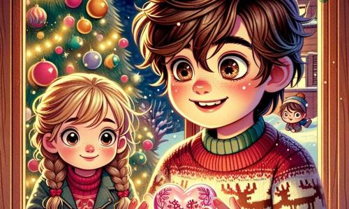 Een 12-jarige jongen, genaamd Mats, met rommelig kastanjebruin haar en nieuwsgierige ogen, staat voor een groot raam, zijn gezicht verlicht door het zachte licht van de kerstlampjes. Hij glimlacht, zijn wangen roze van opwinding, terwijl hij een klein roze glazen hart in zijn handen houdt. Naast hem kijkt zijn 8-jarige zus Noor, met blonde haren in twee rommelige vlechten, verwonderd naar het hart, haar ogen stralend van bewondering. Ze draagt een rode trui met een rendierpatroon en haar kleine handen rusten op het raam, alsof ze de magie van Kerstmis wil aanraken. De setting is een warme houten huis, versierd met glinsterende lichtslingers en sneeuwvlokken op het glas. Een grote kerstboom, vol met kleurrijke ballen en gouden sterren, staat in een hoek van de kamer, terwijl dansende schaduwen op de muren worden geprojecteerd. Mats en Noor ontdekken samen het glazen hart, symbool van hun kerstgeest, terwijl de sneeuw zachtjes naar buiten valt, wat een feeërieke en warme sfeer creëert.