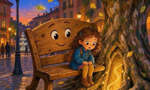 Una panchina di legno antropomorfa come protagonista, occhi luminosi nel schienale, espressione dolce e postura leggermente inclinata, seduta sul marciapiede con una gamba alzata e venature del legno visibili; una bambina di sei anni, capelli ricci castano chiaro, viso rotondo e stupito, con un piccolo cappotto blu e zainetto, seduta sulla panchina con le mani sulle ginocchia a guardare una luce dorata che esce dal suolo vicino alle radici; un platano antico dal tronco spesso e nodoso con radici apparenti che formano un'apertura da cui fuoriesce una luce dorata, alcune foglie verdi e gialle cadono, corteccia texturizzata; sullo sfondo una strada cittadina tranquilla al crepuscolo con marciapiede lastricato, edifici dai colori caldi, lampioni che si accendono e sagome sfocate di passanti; scena principale: la panchina e la bambina custodiscono una porta magica invisibile tra le radici del platano, la luce dorata danza attorno a loro in volute, atmosfera calda, colori ricchi e contrastati (marroni caldi, blu morbidi, dorati luminosi), linee semplici e forme arrotondate adatte ai bambini.