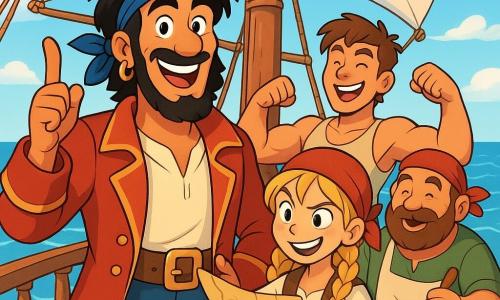 Un uomo pirata, Capitan Lupo, sta orgogliosamente sul ponte della sua nave, l'Orgoglio delle Onde. Ha capelli neri e arruffati, una bandana blu e un grande sorriso caldo che illumina il suo viso abbronzato. I suoi occhi brillano di determinazione e gioia mentre guarda il suo equipaggio. Accanto a lui, Sguardo Lesto, una ragazza di 12 anni, è veloce e astuta, con capelli biondi in trecce e uno sguardo malizioso. Tiene una mappa del tesoro, pronta a guidare l'equipaggio. Più lontano, Mano Forte, un ragazzo robusto di 14 anni, mostra orgogliosamente i suoi muscoli, ridendo con entusiasmo, mentre Barbablanda, un uomo di 40 anni dal cuore tenero, prepara una grande pentola di zuppa sul lato del ponte. La scena si svolge su una nave pirata in alto mare, con vele bianche che sventolano al vento, corde avvolte attorno ai pali e onde scintillanti sotto un cielo blu splendente. Capitan Lupo spiega al suo equipaggio come condivideranno il tesoro recentemente trovato, circondato da risate ed eccitazione, mentre il mare calmo riflette il sole radioso, creando un'atmosfera gioiosa e amichevole.