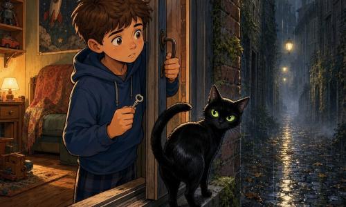 Un ragazzo di 10 anni, Lorenzo, viso rotondo, capelli castani corti spettinati, occhi grandi e lucenti, espressione preoccupata ma decisa; è in piedi nell’apertura di una finestra aperta, una mano sulla maniglia e l’altra che stringe una piccola chiave argentata; un gatto nero di nome Ombrello, pelo lucido, occhi verdi grandi, postura all’erta e coda arrotolata, è sul davanzale esterno come a invitarlo ad avanzare; la nonna è suggerita da una luce calda e uno scialle sul divano all’interno; luogo: stanza di bambino con pavimento di legno consumato, poster staccato e scaffale di giocattoli; fuori si apre un vicolo irreale di nebbia grigio-bluastra, lampioni vacillanti che diffondono aloni gialli, muri di mattoni umidi coperti di muschio e foglie bagnate sul selciato; situazione: Lorenzo esita a oltrepassare la finestra verso il vicolo misterioso, atmosfera notturna e umida con pioggerellina e riflessi lucenti sui ciottoli, forte contrasto tra il calore interno e l’aria fredda e scura fuori.