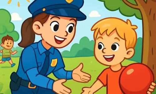Eine lächelnde Polizistin namens Lara steht in einem sonnigen Park, gekleidet in eine leuchtend blaue Uniform mit einem schwarzen Gürtel und einem glänzenden Abzeichen. Ihr Gesicht strahlt Freundlichkeit und Entschlossenheit aus, ihre braunen Haare sind zu einem Pferdeschwanz gebunden. Sie hockt sich und reicht einem kleinen Jungen namens Emil, der 7 Jahre alt ist, die Hand. Emil mit einem großen Lächeln zeigt einen roten Ballon, den er hinter einem Baum gefunden hat. Rund um sie ist der Park voller Grün, mit laubtragenden Bäumen, bunten Blumen und spielenden Kindern. Lachen und Freude hallen in der Luft wider. Die Hauptsituation zeigt Lara, die Emil hilft, seinen verlorenen Ballon zu finden, was den Geist der Hilfsbereitschaft und Kameradschaft verdeutlicht.