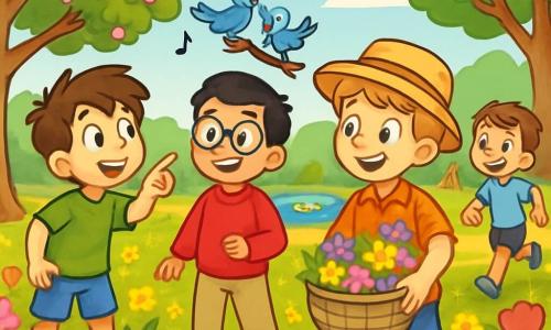Er zijn 4 kinderen: Tom, een 10-jarig jongen met rommelig bruin haar en sprankelende ogen, draagt een groene t-shirt en een blauwe short en staat links, wijzend naar de bloeiende bomen. Samir, een 9-jarig jongen met zwart haar en ronde bril, draagt een rode sweatshirt en beige broek, staat in het midden, glimlachend en kijkend naar een groep zingende vogels. Jens, een 10-jarig jongen met blond haar en een strohoed, draagt een geruit overhemd en jeans, staat rechts met een mand vol kleurrijke bloemen. Bas, een 9-jarig jongen met kastanjebruin haar en een grote glimlach, draagt een lichtblauwe t-shirt en zwarte short, staat achter Jens, klaar om naar de speeltuin te rennen. De locatie is een groot lentepark vol met heldere bloemen in levendige kleuren zoals geel, roze en paars, omringd door majestueuze bomen met glanzende groene bladeren en een uitgestrekt grasveld waar kinderen spelen en lachen. In de verte is er een klein vijver met zwemmende eenden. De situatie toont de vier vrienden die zich voorbereiden om het park te verkennen op zoek naar jonge eendjes en bloemen om een prachtig lentekunstwerk te maken, vol energie en opwinding, klaar voor een avontuurlijke dag onder de stralende zon.