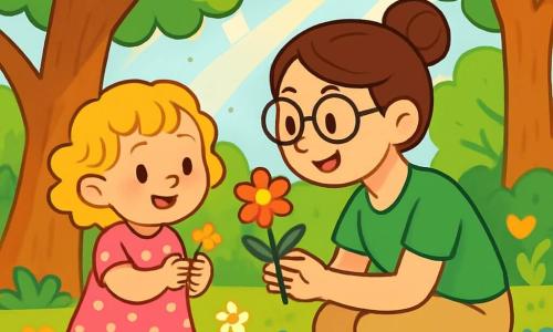 Een 2-jarig meisje, Lina, met krullend blond haar en nieuwsgierige ogen, glimlacht vrolijk terwijl ze een kleine gele bloem in haar handen houdt. Ze draagt een roze jurk met stippen en kleurrijke sandalen. Naast haar zit de juf, een vrouw van ongeveer 30 jaar met bruin haar in een knot en een bril, die zich bukt om haar een mooie bloem te laten zien. Ze glimlacht vriendelijk, gekleed in een groene t-shirt en beige broek. De locatie is een prachtig groen bos, vol majestueuze bomen met stralende bladeren, kleurrijke bloemen en zonnestralen die door de takken filteren. De grond is bedekt met een tapijt van bladeren en kleine wilde bloemen. De hoofdsetting toont Lina en haar juf die de natuur verkennen, verwonderd door de schoonheid van de bloemen en dieren. Lina, vol enthousiasme, ontdekt de magie van de natuurlijke wereld om haar heen, terwijl de juf haar het belang van zorg voor het milieu leert.