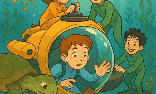 Un bambino di 10 anni, Luca, volto rotondo con lentiggini e capelli castani corti bagnati, in una piccola muta azzurra dentro la cupola trasparente di un mini sottomarino tende la mano verso una bussola antica incastrata in una tavola del relitto; una ragazza di circa 10 anni, Sara, con lunghi capelli castani raccolti in coda, in muta gialla controlla una leva sul tetto del sottomarino guardando Luca; un altro bambino, Marco, circa 10 anni con capelli neri spettinati e sorriso incoraggiante, in muta verde spinge leggermente il sottomarino dalla poppa stando su una piccola piattaforma galleggiante; una grande tartaruga marina verde e marrone con carapace coperto di alghe e sguardo dolce nuota accanto al relitto come a guidare Luca; ambiente: fondale luminoso con acqua turchese, banchi di pesci variopinti, coralli rossi e arancioni a ventaglio, alghe ondeggianti e raggi di sole dorati che filtrano, atmosfera di tenera tensione e meraviglia, composizione chiara e colori caldi.