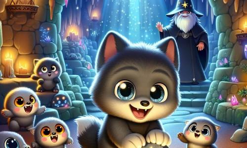 Luki, ein kleiner Wolf mit funkelnden Augen und weichem, grauem Fell, steht im Mittelpunkt des Bildes, mit einem breiten Lächeln im Gesicht, voller Aufregung und Neugier. Er ist umgeben von seinen Freunden, den Maulwürfen, die kleine, runde Tiere mit kurzen Beinen und glänzenden Augen sind und entschlossene Ausdrücke zeigen, während sie um einen großen, dunklen Stein in einer geheimnisvollen Höhle graben. Die Höhle ist erleuchtet von funkelnden Lichtern und tanzenden Schatten, mit Stalaktiten, die von der Decke hängen, und Wänden, die mit bunten Kristallen bedeckt sind. Im Hintergrund ist ein großer Steinthron sichtbar, auf dem der Zauberer sitzt, eine imposante Figur mit einem langen schwarzen Mantel und einem zotteligen Bart, die einen Ausdruck von Überraschung und Nachdenklichkeit zeigt, während er Luki und die Maulwürfe ansieht. Die Szene zeigt Luki und seine Freunde, die dem Zauberer gegenüberstehen, um das Sonnenlicht zurückzuholen, was eine Atmosphäre von Spannung und Abenteuer schafft, mit goldenen Lichtstrahlen, die durch den Eingang der Höhle filtern und Hoffnung und Sieg symbolisieren.
