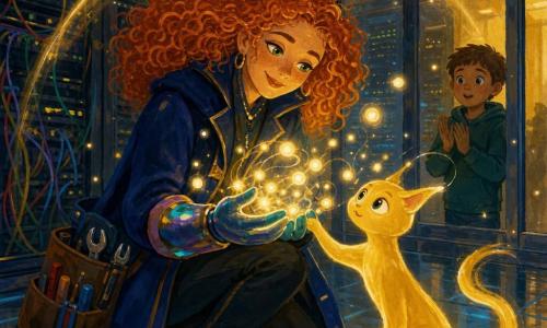 Luminara, alta e sorridente, capelli rossi ricci come fili di rame e occhi verdi luminosi, è inginocchiata a raccogliere piccole lucciole di dati tra le mani; al suo fianco l’Ombra dorata, piccola e fluida come un gatto, le tiene la mano e guarda le lucciole con meraviglia; dietro una vetrata della grande sala server dai muri scuri e file di rack pieni di cavi colorati un bimbo di circa 7 anni, occhi spalancati, applaude timidamente; insieme Luminara e l’Ombra formano uno scudo di luce dorata che protegge le lucciole di dati in un’atmosfera rassicurante, magica e di movimenti dolci, con luce calda ambra e riflessi blu sul pavimento metallico.