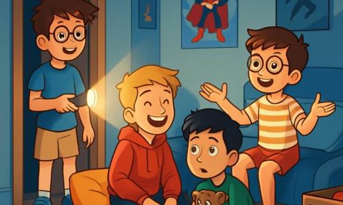 There are 4 children: Jake, a 12-year-old boy with messy brown hair and glasses, wearing a blue t-shirt and beige shorts, standing by the door holding a flashlight that lights up his smiling face; Ethan, a 12-year-old boy with blonde hair and freckles, wearing a red hoodie and black pants, sitting on the floor surrounded by cushions with a big smile; Leo, an 11-year-old boy with black hair and brown eyes, wearing a green t-shirt and jeans, crouched near the bravery box holding a small teddy bear, looking a bit nervous but curious; and Sam, a 12-year-old boy with brown hair and round glasses, wearing a striped t-shirt and red shorts, sitting on the bed telling a story with his arms wide open to illustrate his words. The setting is Jake's room, decorated with superhero posters and scattered toys. The walls are light blue, and a soft light comes from the flashlight, casting dancing shadows on the walls. A large fluffy rug is in the center of the room, with colorful cushions around them. The main situation shows the children gathered, sharing scary stories in the dark, their faces lit by the flashlight, while they laugh and support each other, turning their fear into a joyful adventure.