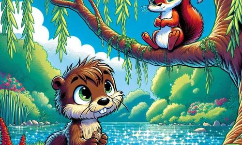 Oliver, a young otter with silky brown fur and big curious eyes, sits under a large willow by the river, looking worried with furrowed brows and holding a half-eaten sandwich. Next to him, Sophie, a squirrel with red fur and sparkling eyes, gazes at Oliver with a sad expression, her little paws crossed on her knees. She perches on a low branch of the willow, surrounded by shiny green leaves. The scene is a peaceful spot by the Willow River, with sparkling waters and colorful wildflowers lining the shore. The sky is blue with fluffy white clouds, and the gentle sound of flowing water creates a tranquil atmosphere. The main situation shows Oliver and Sophie sharing their concerns about their parents' quarrels, sitting together under the willow, seeking solutions to restore harmony in their homes.