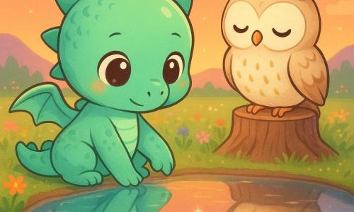 Mały smok chibi o błyszczących miętowo-zielonych łuskach i dużych okrągłych oczach, zmarwiony i łagodny, siedzi nad lustrzanym jeziorem i dotyka łapą własnego odbicia; za nim, na pniu, siedzi mądra sowia chibi o kremowym upierzeniu i złotych plamkach, uśmiechnięta i przyjazna; jezioro gładkie jak lustro, odbicia wyraźne przy ciepłych różowo-pomarańczowych barwach zachodu słońca z liliami wodnymi i drobnymi migoczącymi falami; otoczenie to łąka z kolorowymi kwiatami, łagodne góry w tle i niebo z pojawiającymi się gwiazdami; scena kontemplacyjna, spokojna i czuła, nacisk na odbicia i wewnętrzne emocje wyrażone ciepłymi kolorami; styl graficzny: miękkie linie, grube kontury, kontrastowa pastelowa paleta, lekko błyszczące faktury, baśniowa i uspokajająca atmosfera.