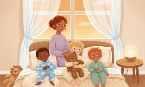 Vier personen in een warme slaapkamer: Sam, ongeveer 6 jaar, kort bruin haar, lichtblauwe pyjama met witte wolkjes, ligt links op een kussen met handen op de buik en gesloten ogen; Bram, ongeveer 5 jaar, warrig blond haar, geel-wit gestreepte pyjama, zit in het midden en houdt een groot bruinstoffen berenknuffel tegen zich aan terwijl hij zacht glimlacht; Joep, ongeveer 4 jaar, rossig haar, zachte groene pyjama, ligt rechts met armen langs het lichaam en kijkt naar de wiegende gordijnen; moeder (30–35 jaar), kastanjebruin haar in een losse knot, lavendelkleurige lange jurk, zit achter de kinderen aan het bed met een hand op Brams hoofd en een liefdevolle blik. De kamer heeft crèmekleurige muren, een groot raam met doorschijnende witte gordijnen die oranje avondlicht binnenlaten, een dikke gebreide deken, zachte kussens, een ronde lamp op een licht houten tafeltje en verspreide knuffels; de drie jongens maken zich klaar om te slapen, de sfeer is rustig en warm, texturen van wol, katoen en hout zijn zichtbaar.
