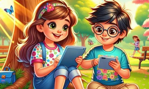Una niña de 10 años, llamada Sofía, con largos cabellos castaños y ojos brillantes de curiosidad, sonríe alegremente mientras sostiene una tableta en sus manos. Lleva una camiseta colorida con motivos de flores y un short de mezclilla, sentada en la hierba verde del parque, rodeada de flores vibrantes. A su lado, su amigo Carlos, un niño de 10 años con cabello negro despeinado y gafas redondas, se inclina sobre su propio dispositivo, mostrándole a Sofía cómo agregar música a su proyecto. Lleva una camiseta azul y un short beige, sentado en un banco de madera cerca de un majestuoso árbol. El parque está bañado en luz dorada, con árboles frondosos, bancos de madera y niños jugando a lo lejos. Mariposas coloridas vuelan alrededor de las flores, añadiendo un toque de magia a la escena. Sofía y Carlos trabajan juntos en sus proyectos digitales, riendo y compartiendo ideas, mientras disfrutan de un hermoso día soleado.